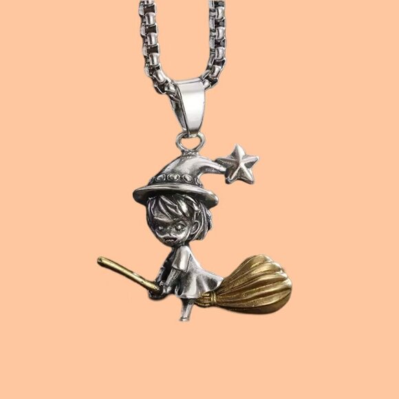 Witch Flying on Broom Tone Heavy Pendant and Necklace #1432 - Picture 3 of 6